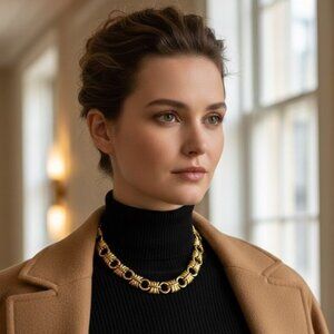 Vintage Chunky Gold Tone Ribbon Link Collar Necklace 17" Statement 1980s